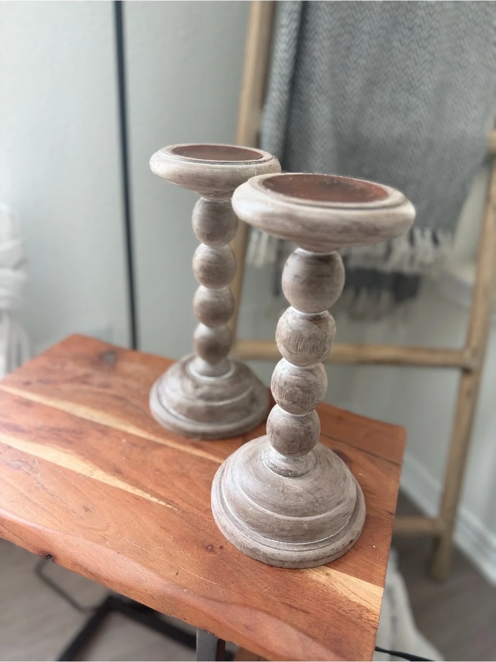 Whitewashed Wood Bobbin Candle Holders Set of 2 Boho Farmhouse